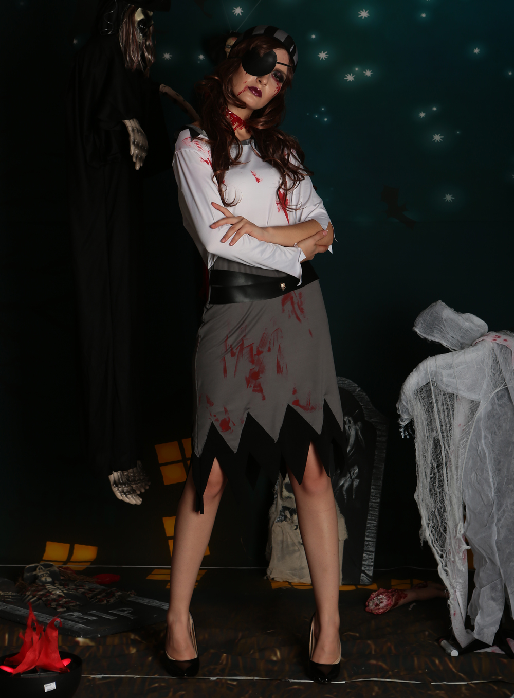 F1699 halloween bloody pirate costume,accessory:headwear,eyewear